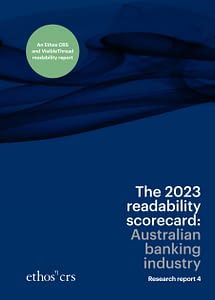 Blue page with a swirl on it. Words written in white say "the 2023 readability score card: Australian banking industry 