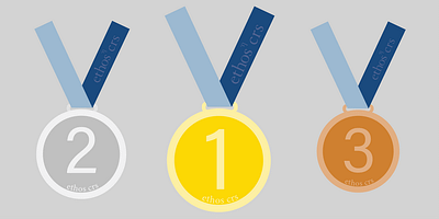 Drawings of medels 2 , 1 and 3 in gold, silver and bronze. With the Ethos logos on the ribbons