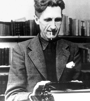 Image of George Orwell writing on a typewriter 