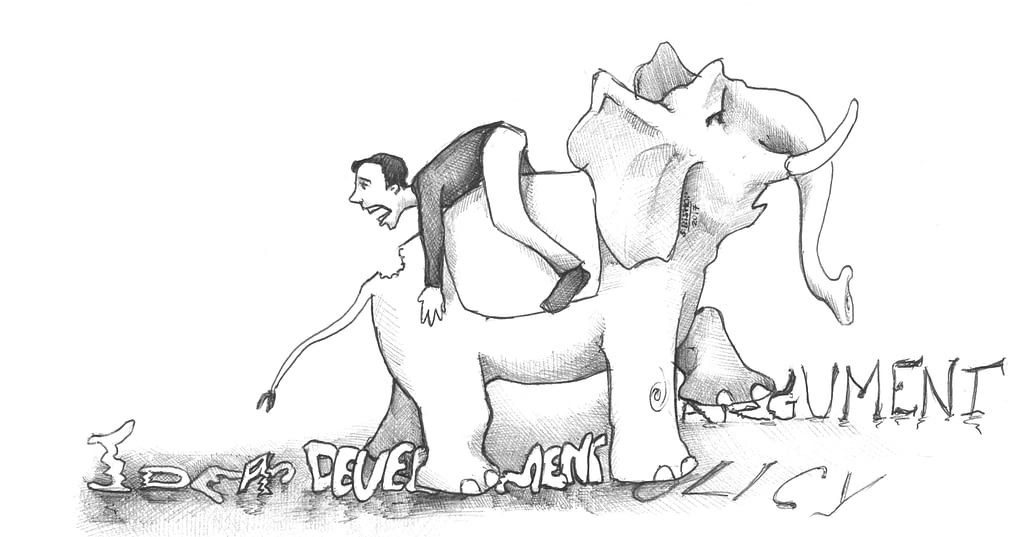 A drawing of an man riding an elephant and the elephant crushes words like policy, judgment. Then man has taken a bite our of the elephant above its tail.   