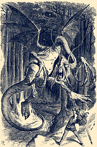 A famous image illustrated by John Tenniel in 1871. It depict a fight with the jabberwocky a dragon like creature. With a small human like figure in the bottom right conner holding a sword.    