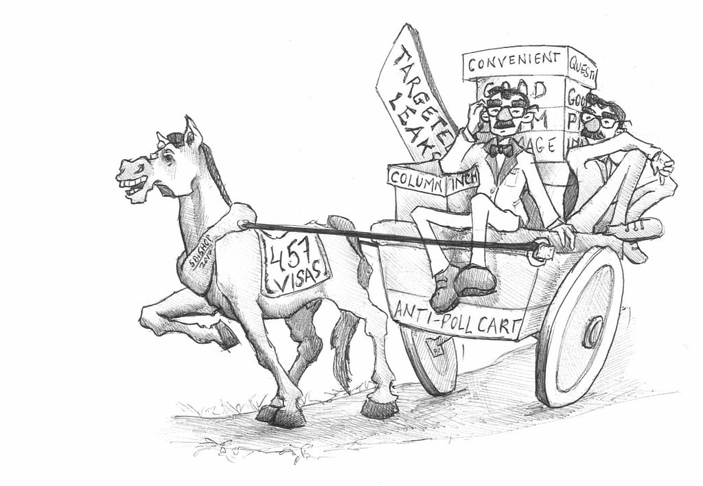 A horse pulling a cart. It reads 457 visas on the horse. On the cart it is written Anti - poll cart. In the cart sit 2 men and behind them there are large boxes that read Targeted lacks. As well as Convenient Questions.   